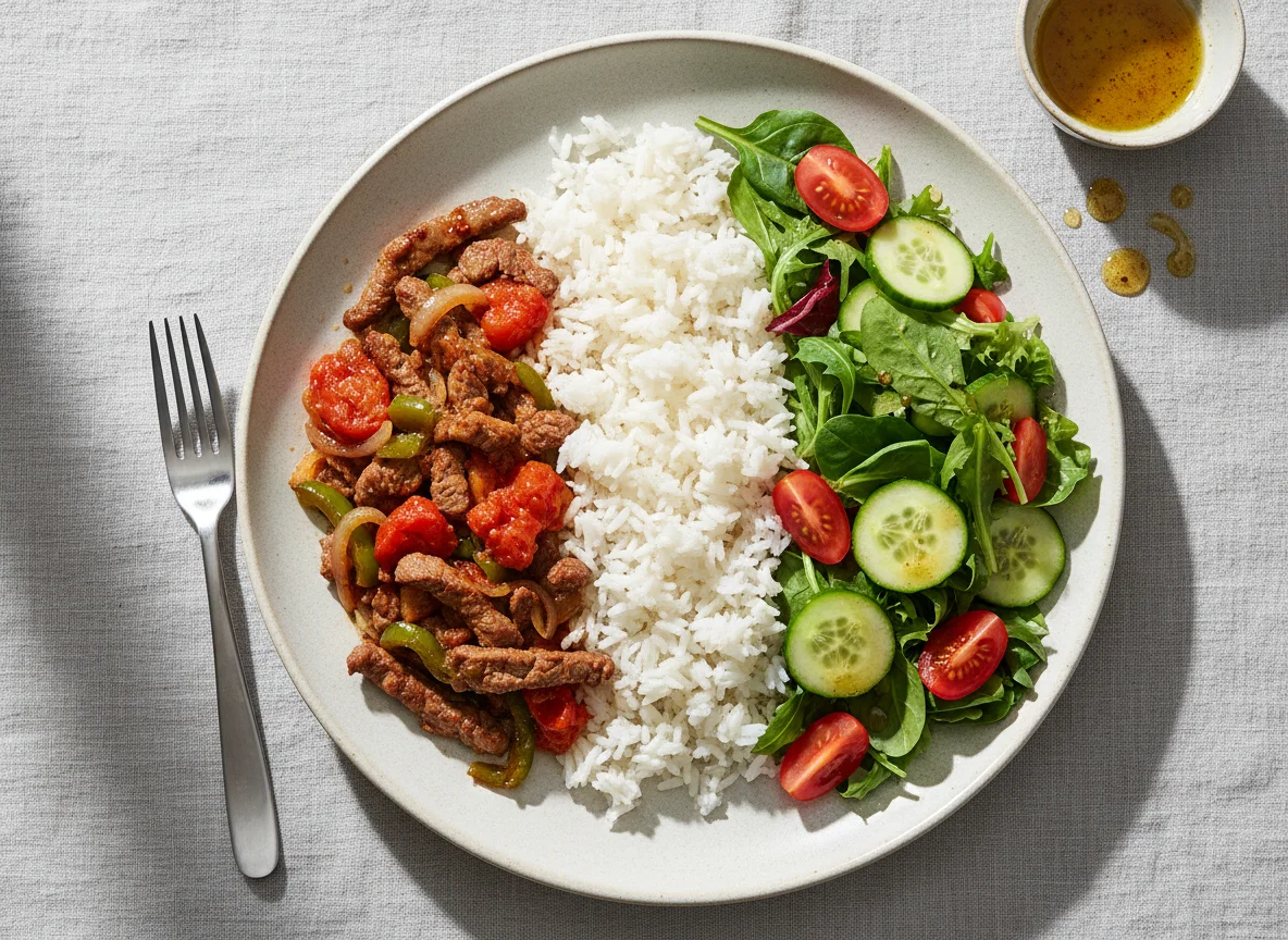 Reis mit Rindfleischpfanne und Salat photo