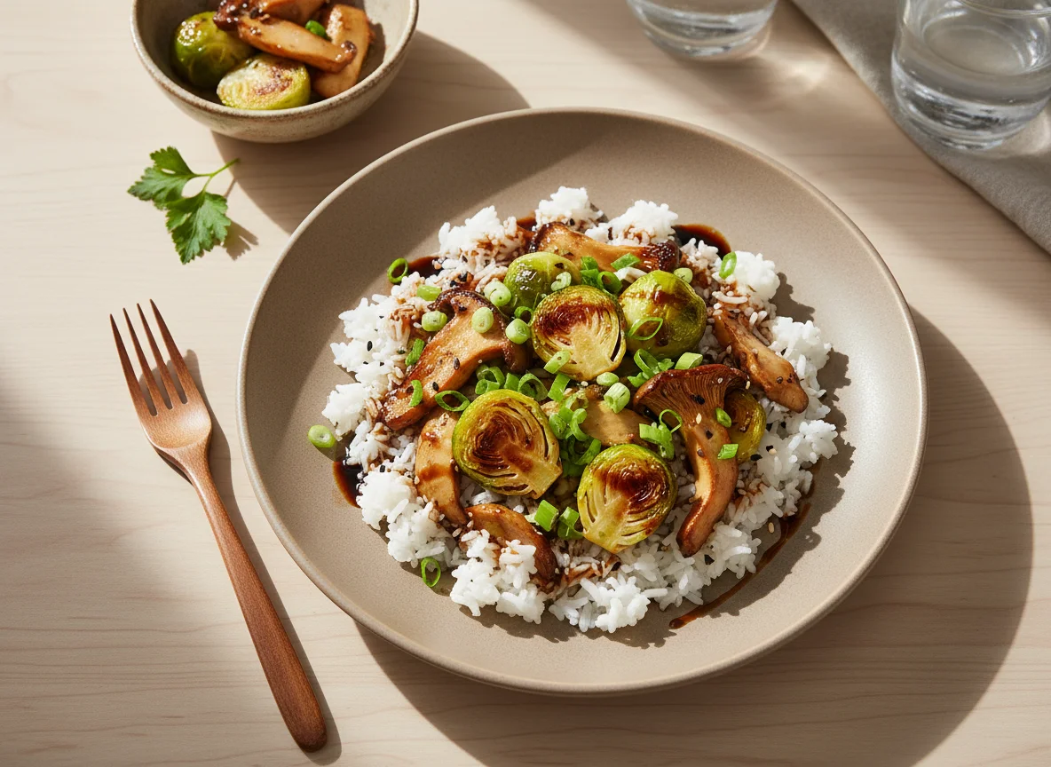 Reis mit Rosenkohl und Pilzen photo