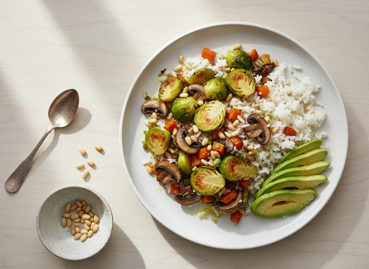 Reis mit Rosenkohl-Gemüse und Avocado photo