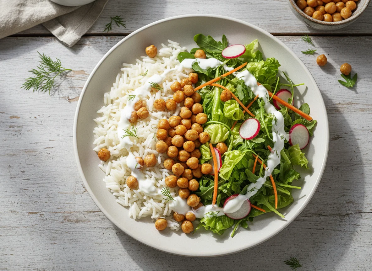 Reis mit Salat und Kichererbsen photo