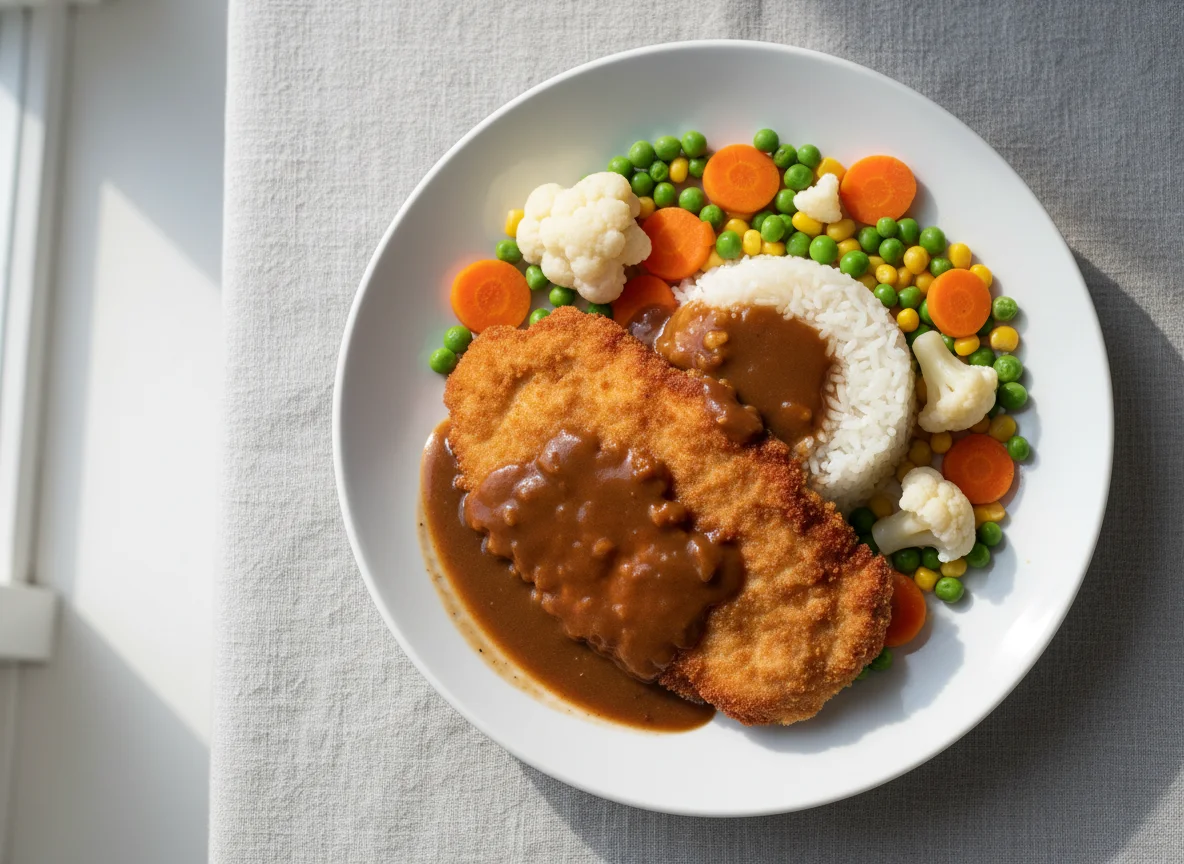 Reis mit Schnitzel und Gemüse photo