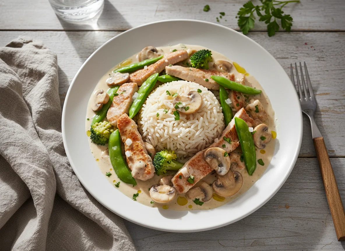 Reis mit Schweinefleisch und Pilzen in Sahnesauce photo