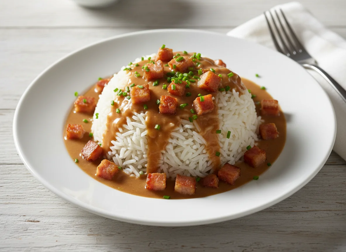 Reis mit Speck und Sauce photo