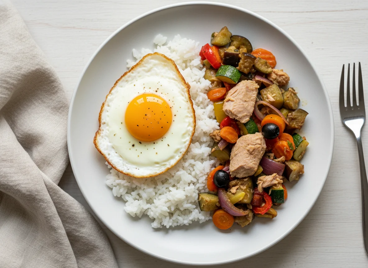 Reis mit Spiegelei und Gemüse-Thunfisch-Pfanne photo