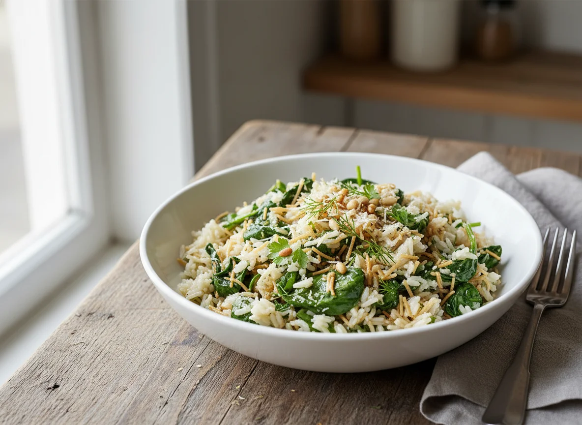 Reis mit Spinat und Nudeln photo