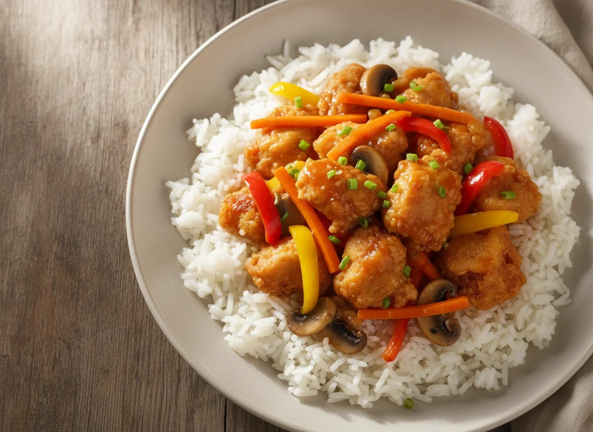 Reis mit süß-sauer Hähnchen und Gemüse photo