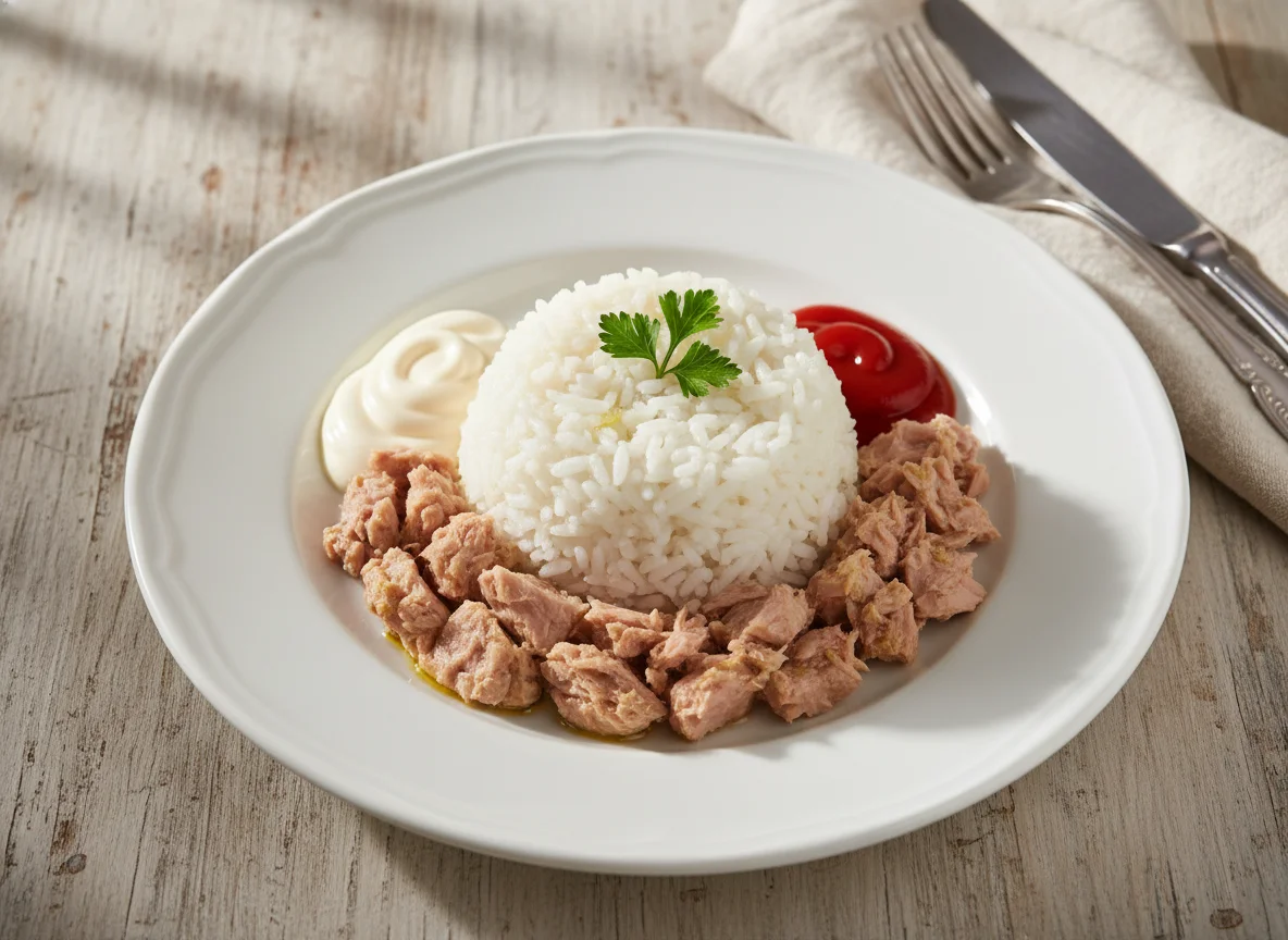 Reis mit Thunfisch und Saucen photo