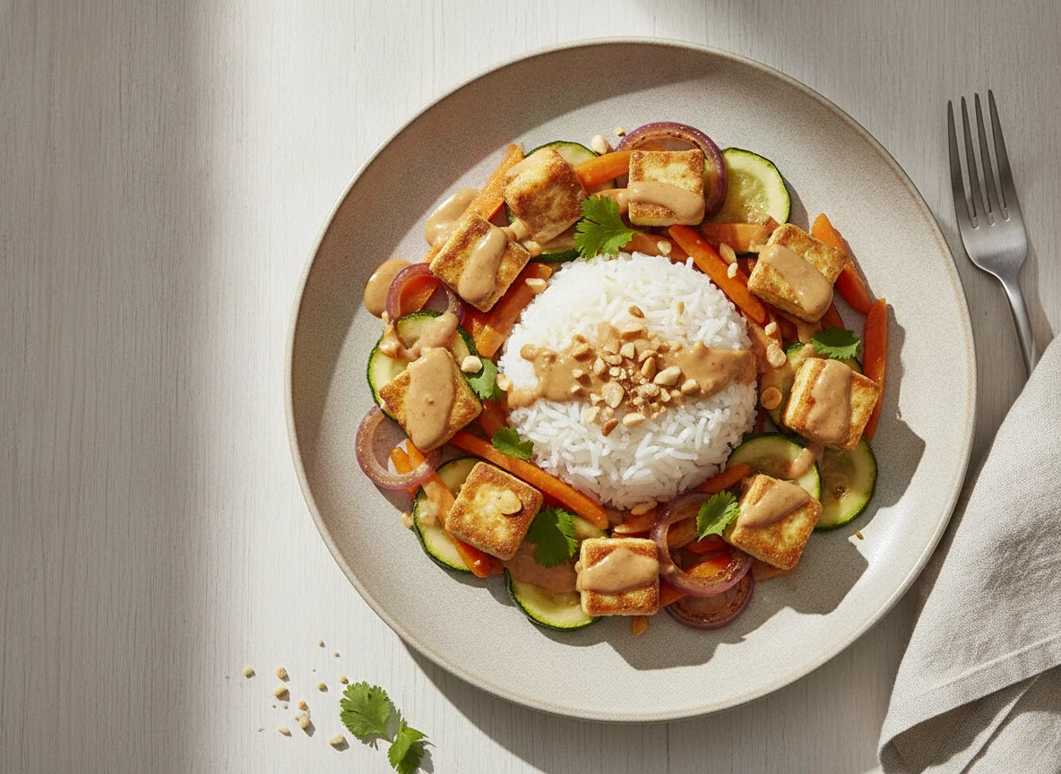 Reis mit Tofu und Gemüse in Erdnusssauce photo