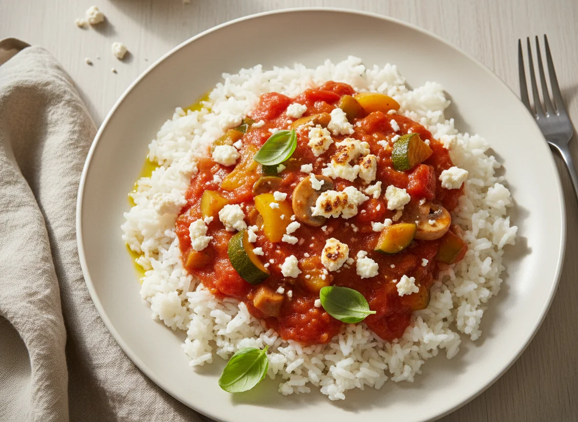 Reis mit Tomaten-Gemüsesoße und Feta photo