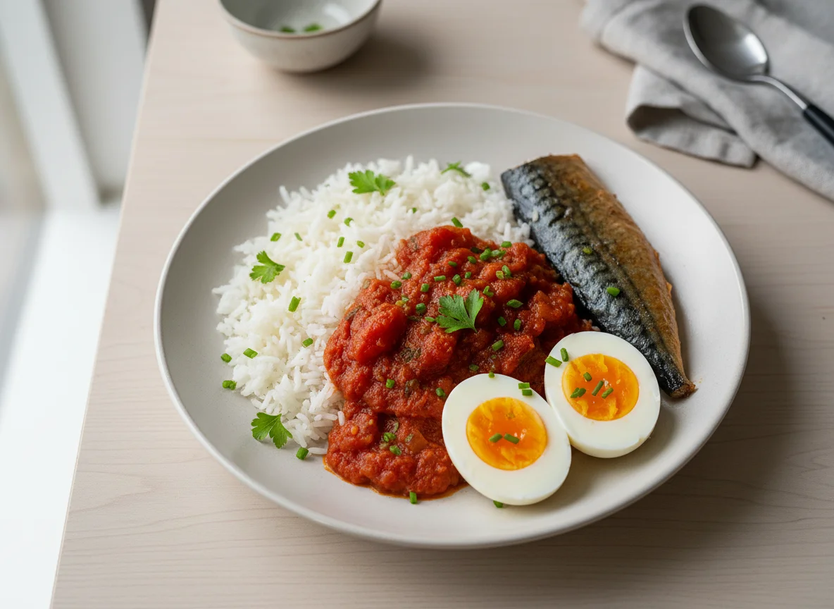 Reis mit Tomatensauce, Fisch und Eiern photo