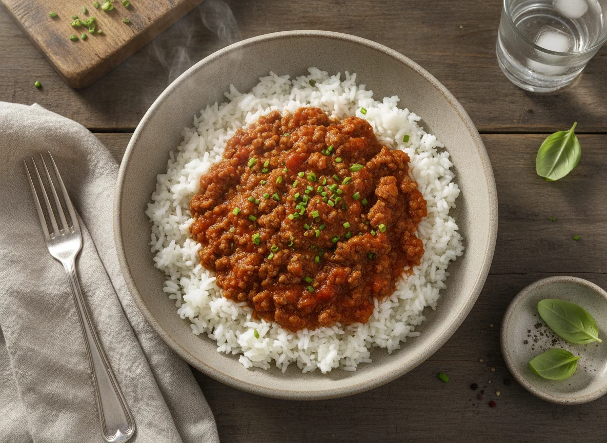 Reis mit Tomatensauce und Hackfleisch photo