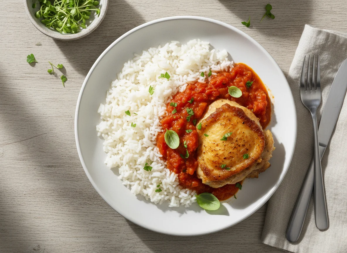 Reis mit Tomatensauce und Hähnchen photo