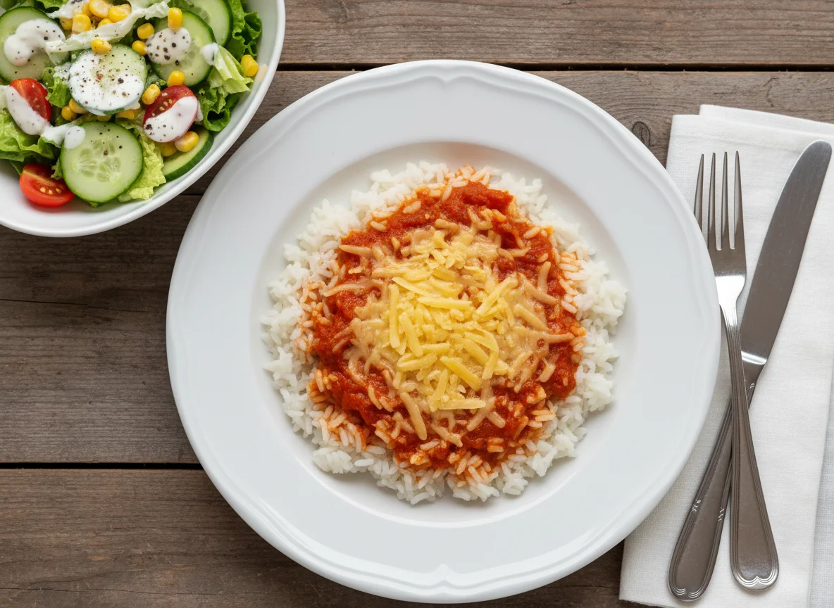 Reis mit Tomatensauce und Käse, Beilagensalat mit Mais und Joghurtdressing photo