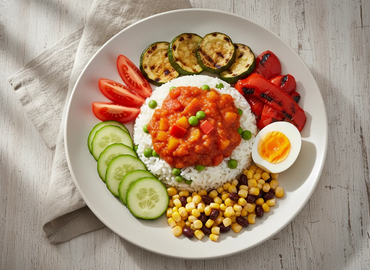 Reis mit Tomatensoße und Gemüse photo