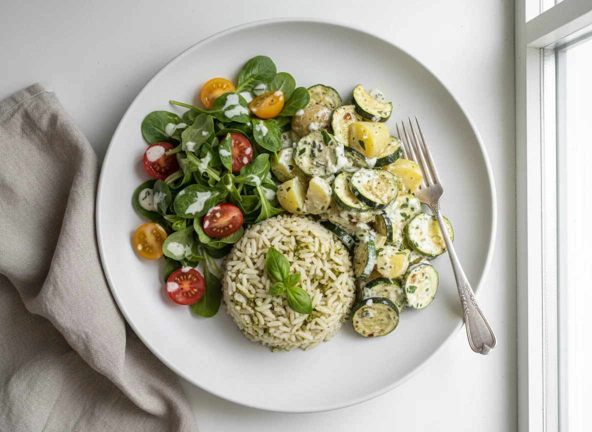 Reis mit Zucchini-Kartoffel-Salat und Feldsalat photo
