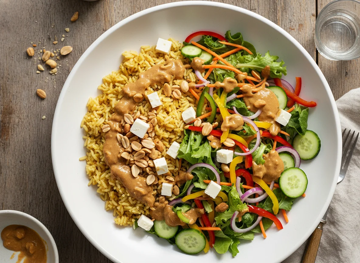 Reis- und Salatplatte mit Erdnusssauce photo