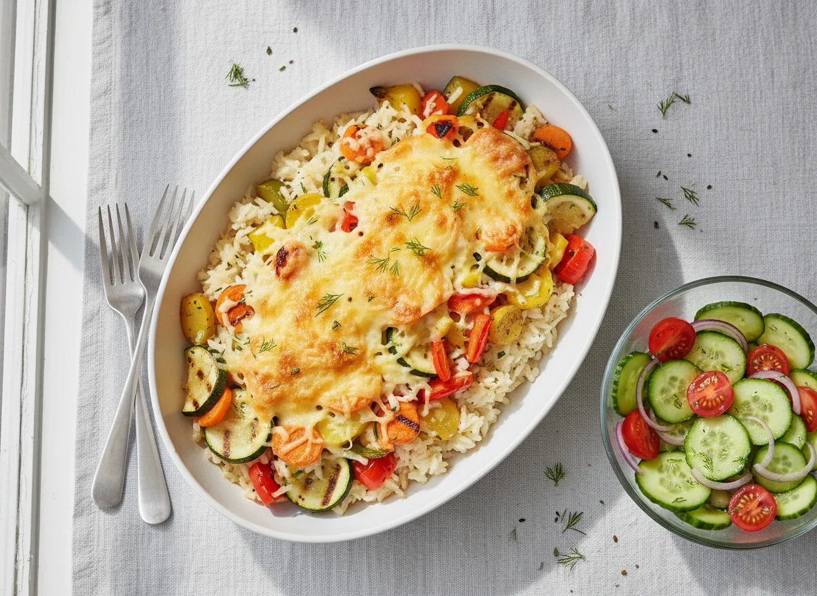 Reisauflauf mit Gemüse und Gurkensalat photo