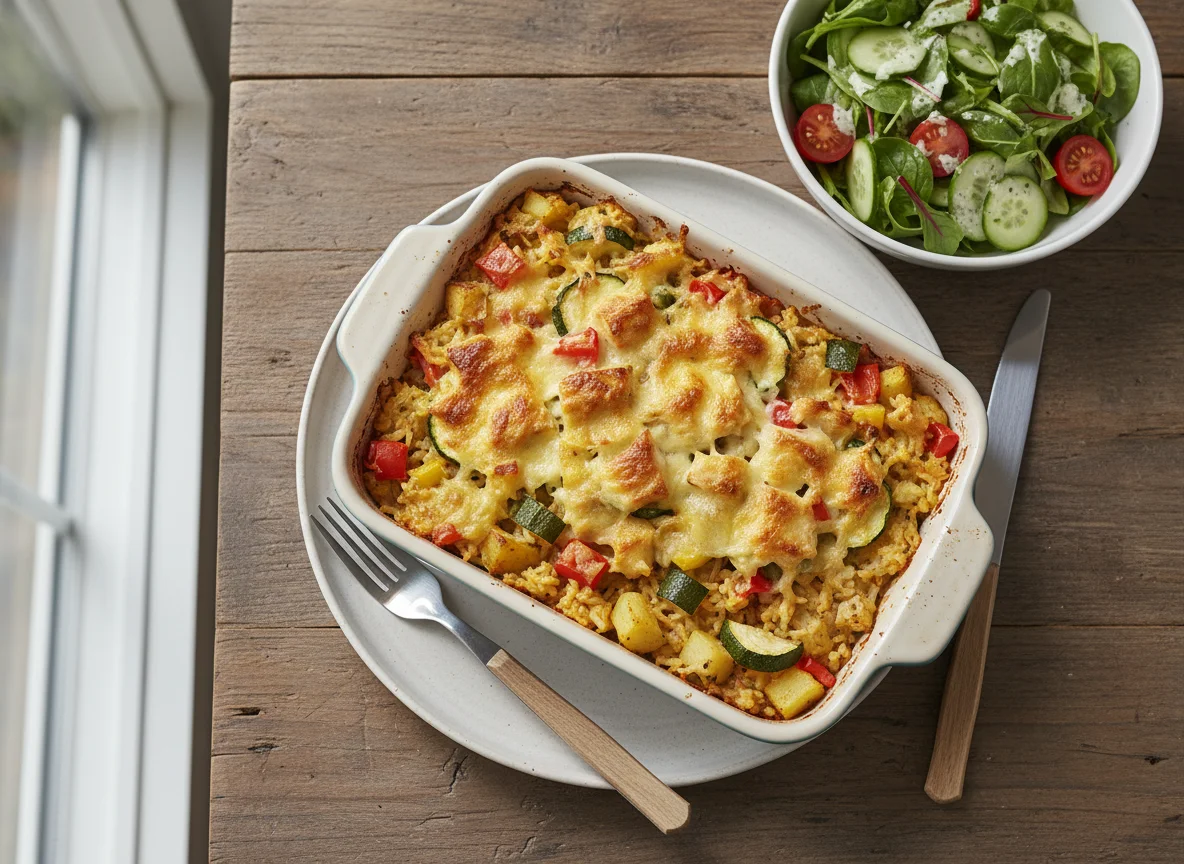 Reisauflauf mit Gemüse und Salat photo