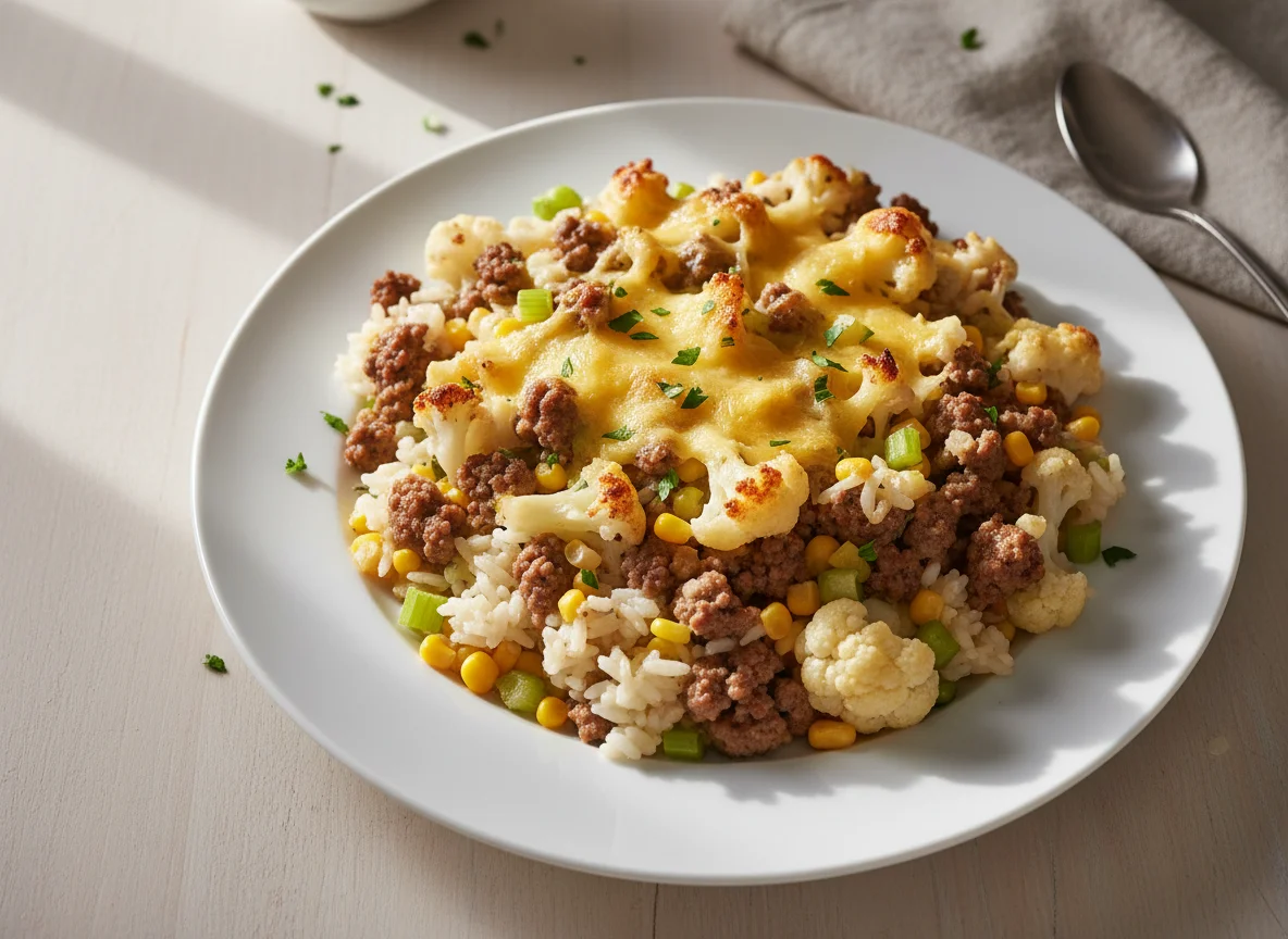 Reisauflauf mit Hackfleisch und Blumenkohl photo