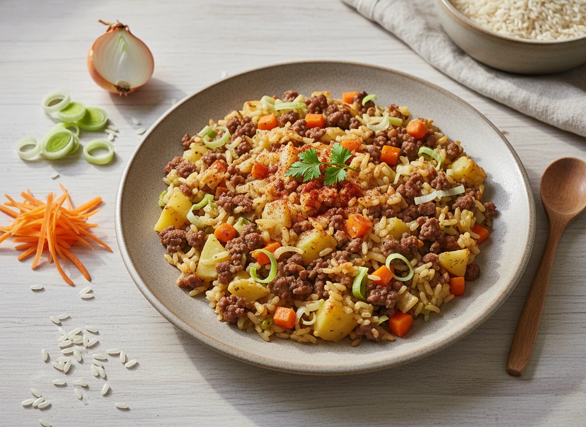 Reisauflauf mit Hackfleisch und Gemüse photo