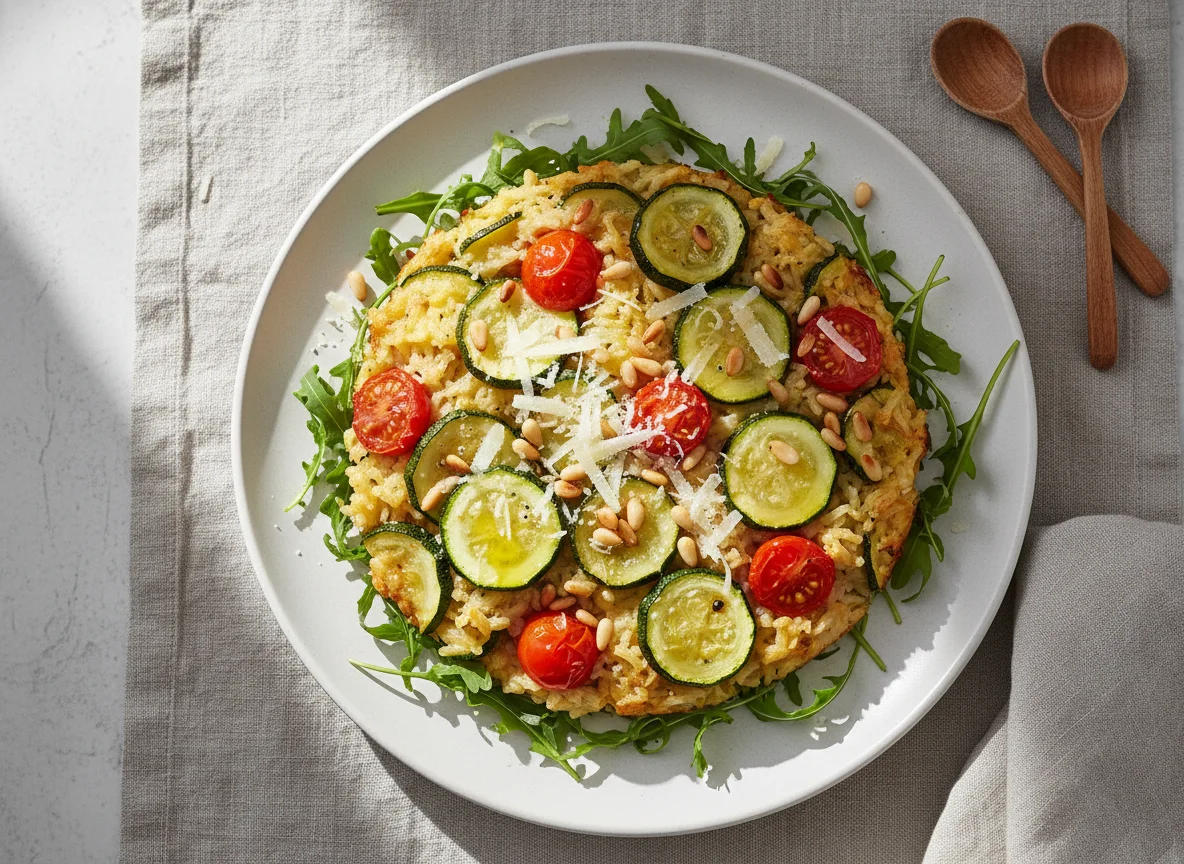 Reisauflauf mit Zucchini, Tomaten und Pinienkernen auf Rucola photo