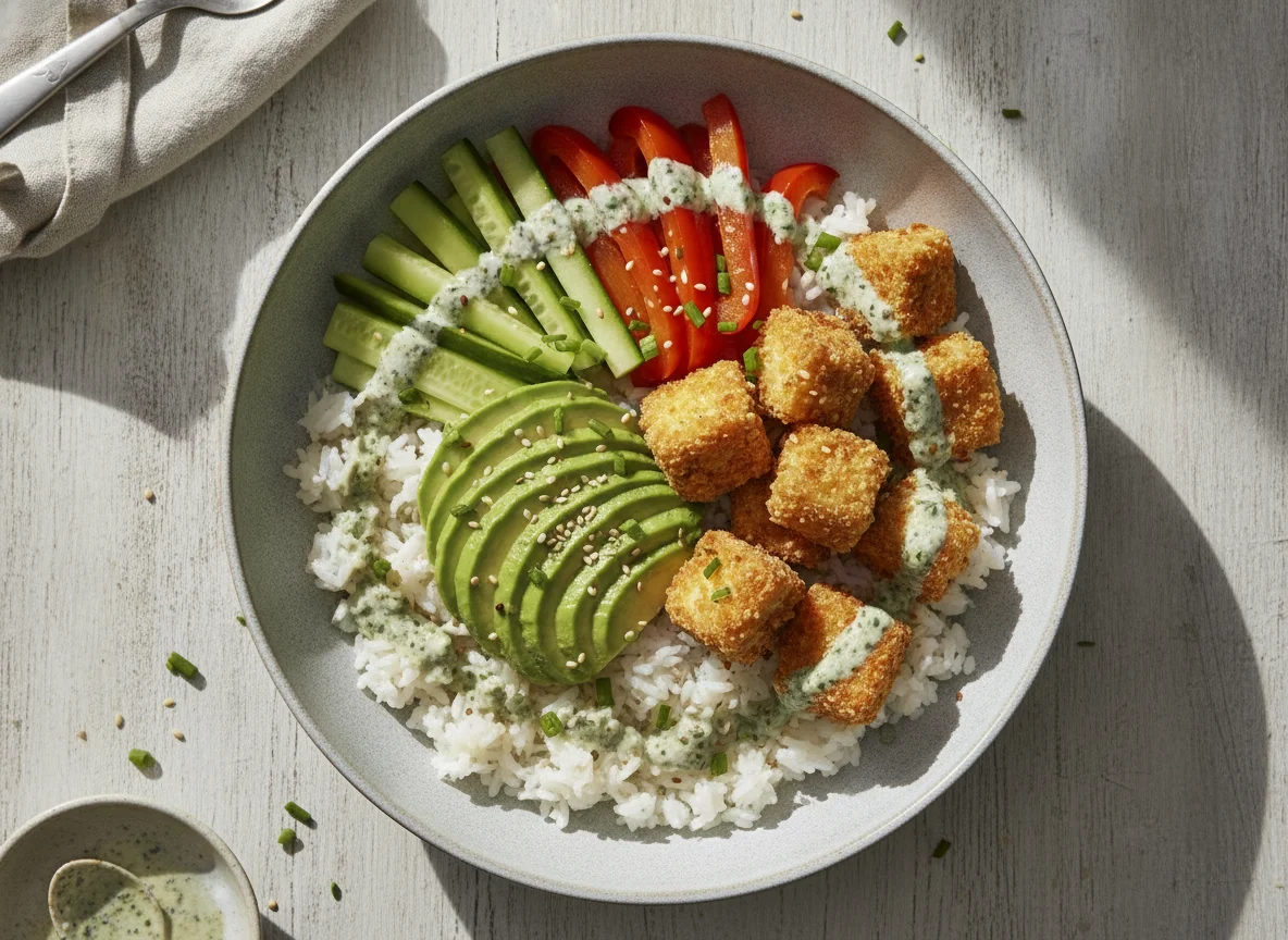 Reis-Bowl mit Avocado, Gemüse und paniertem Tofu photo