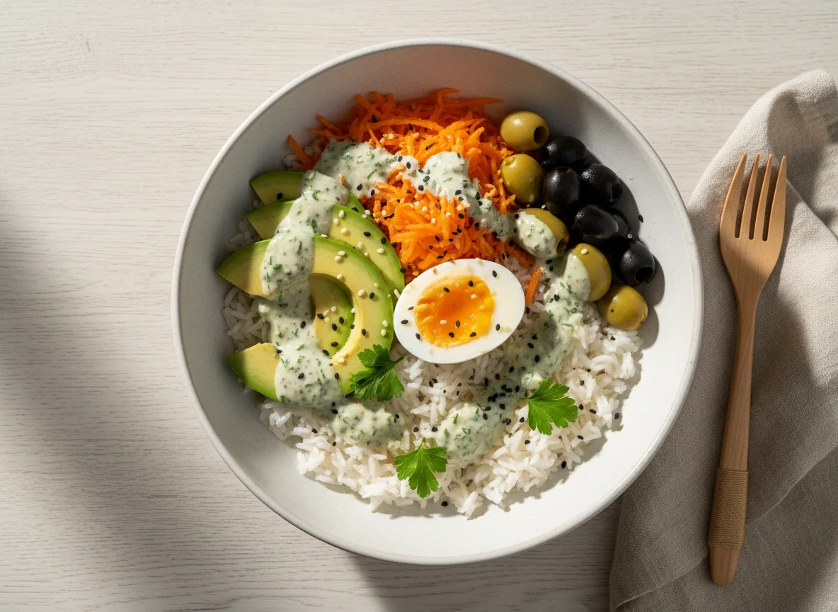 Reis-Bowl mit Avocado und Gemüse photo