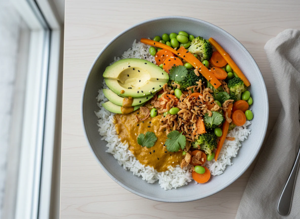 Reis-Bowl mit Curry, Avocado und Edamame photo