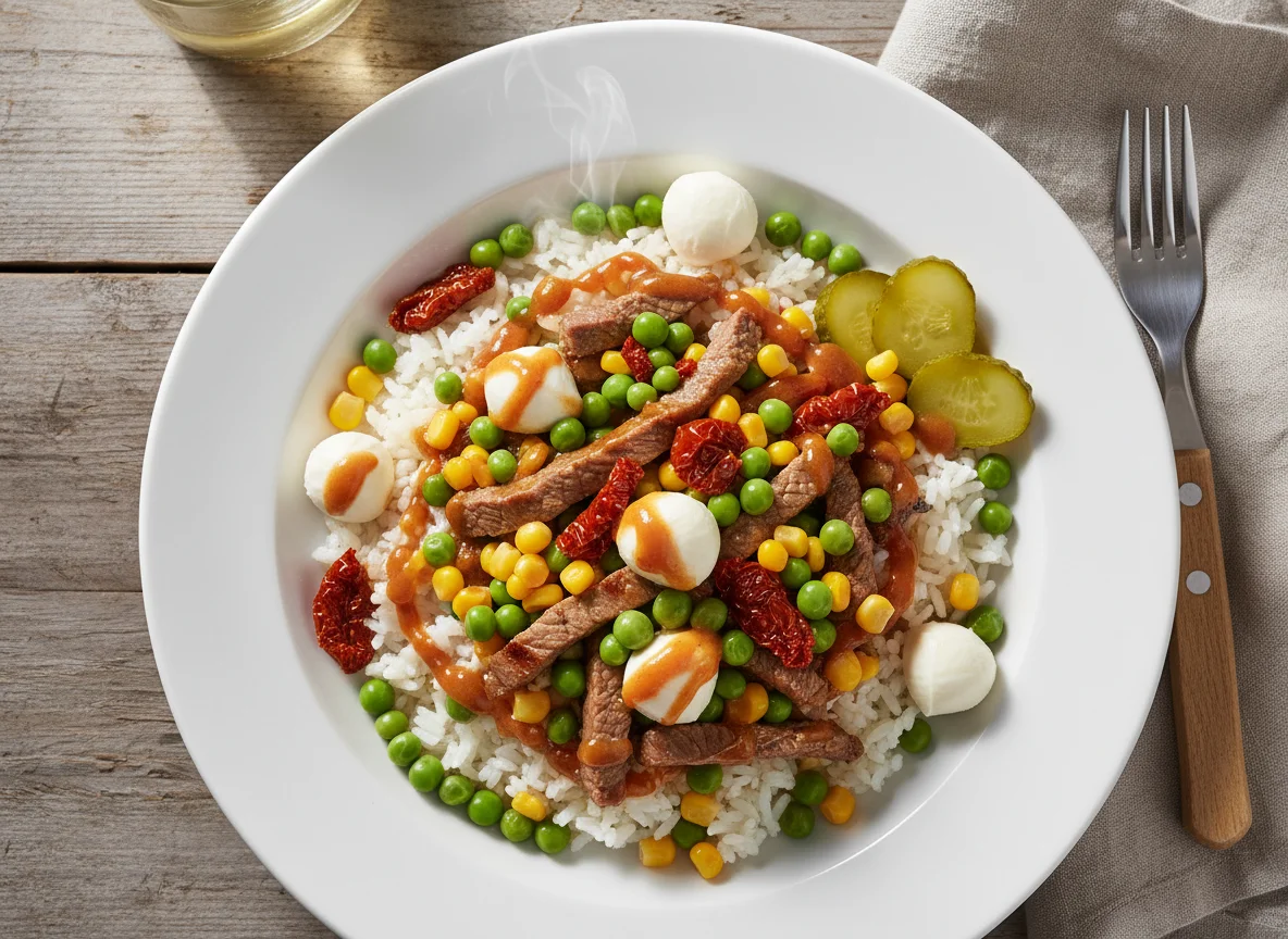 Reis-Bowl mit Fleisch und Gemüse photo