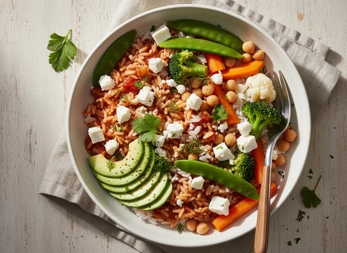 Reis-Bowl mit Gemüse, Avocado und Feta photo