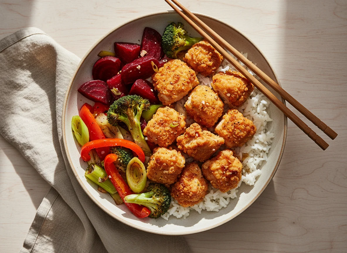 Reis-Bowl mit Gemüse und frittiertem Hähnchen photo
