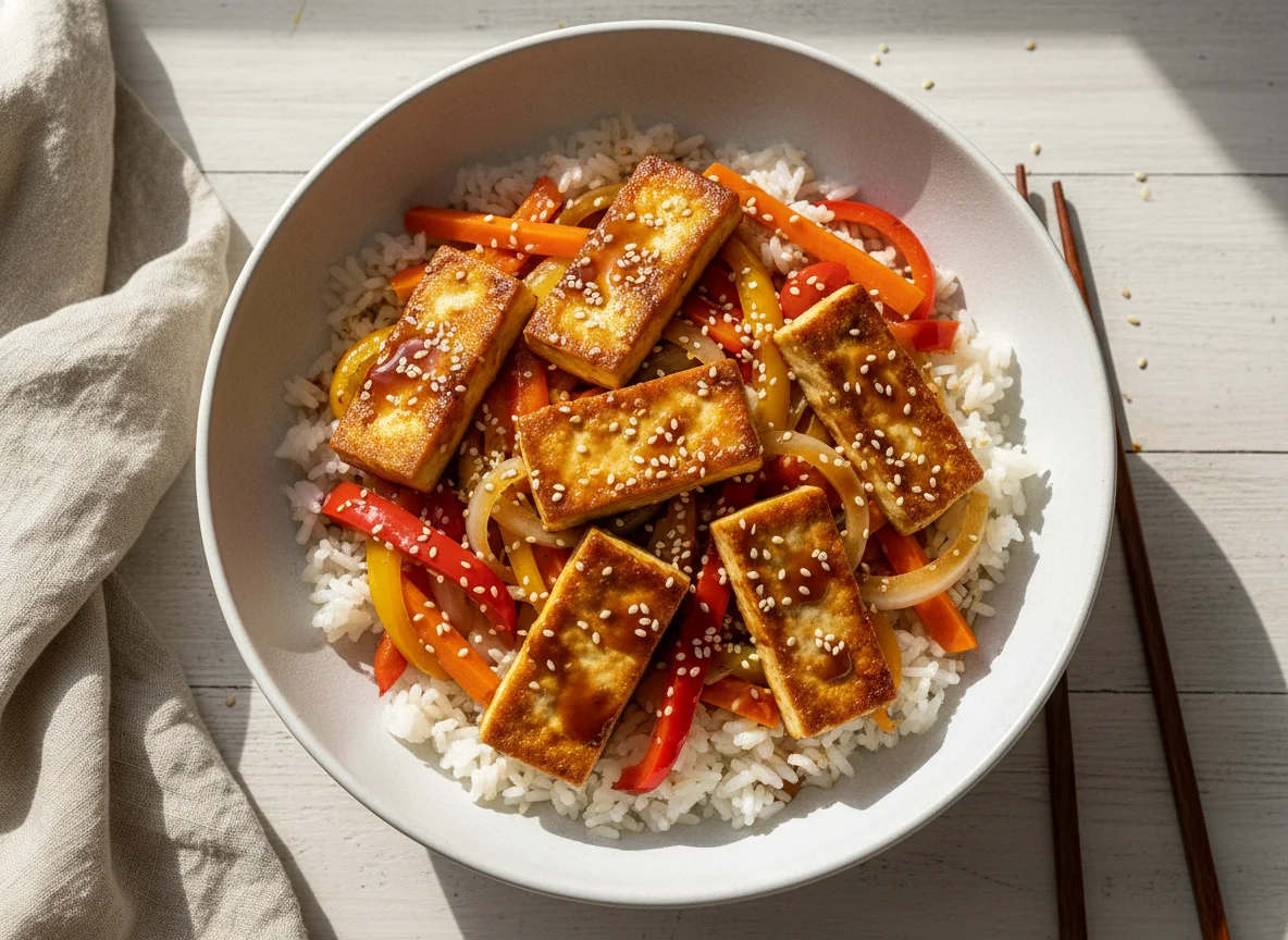 Reis-Bowl mit Gemüse und Tofu photo