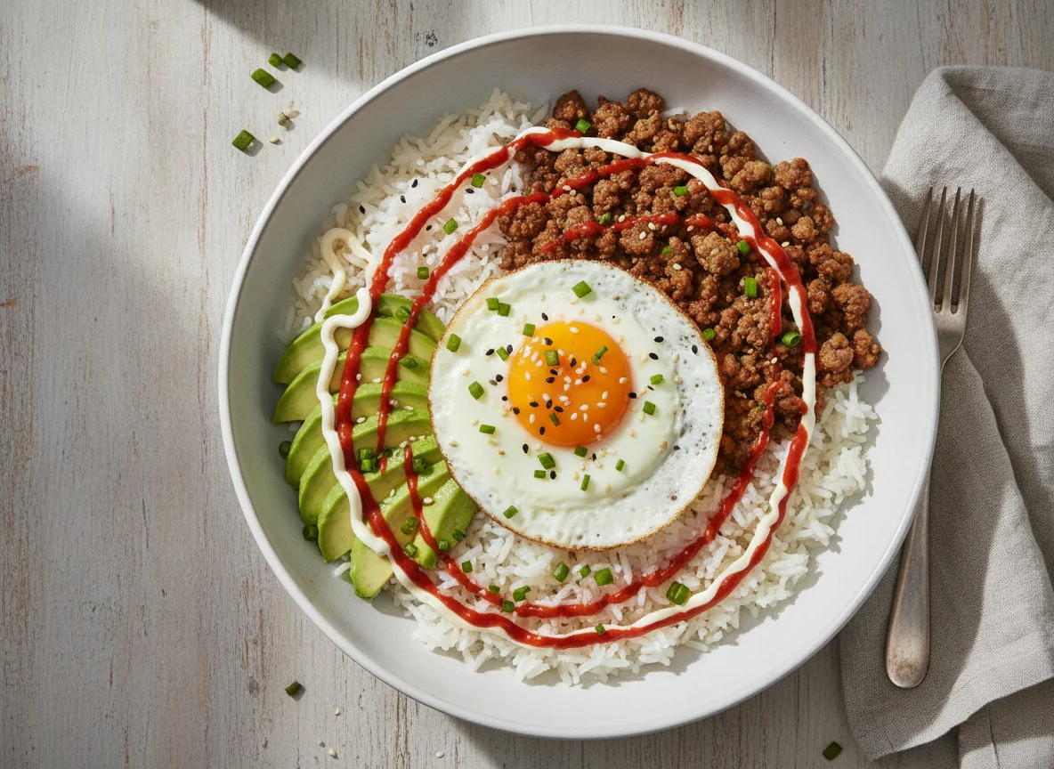 Reisbowl mit Hackfleisch, Ei, Avocado und Saucen photo