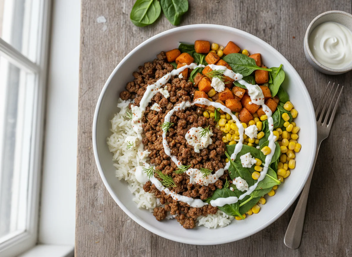 Reis-Bowl mit Hackfleisch, Gemüse und Feta photo