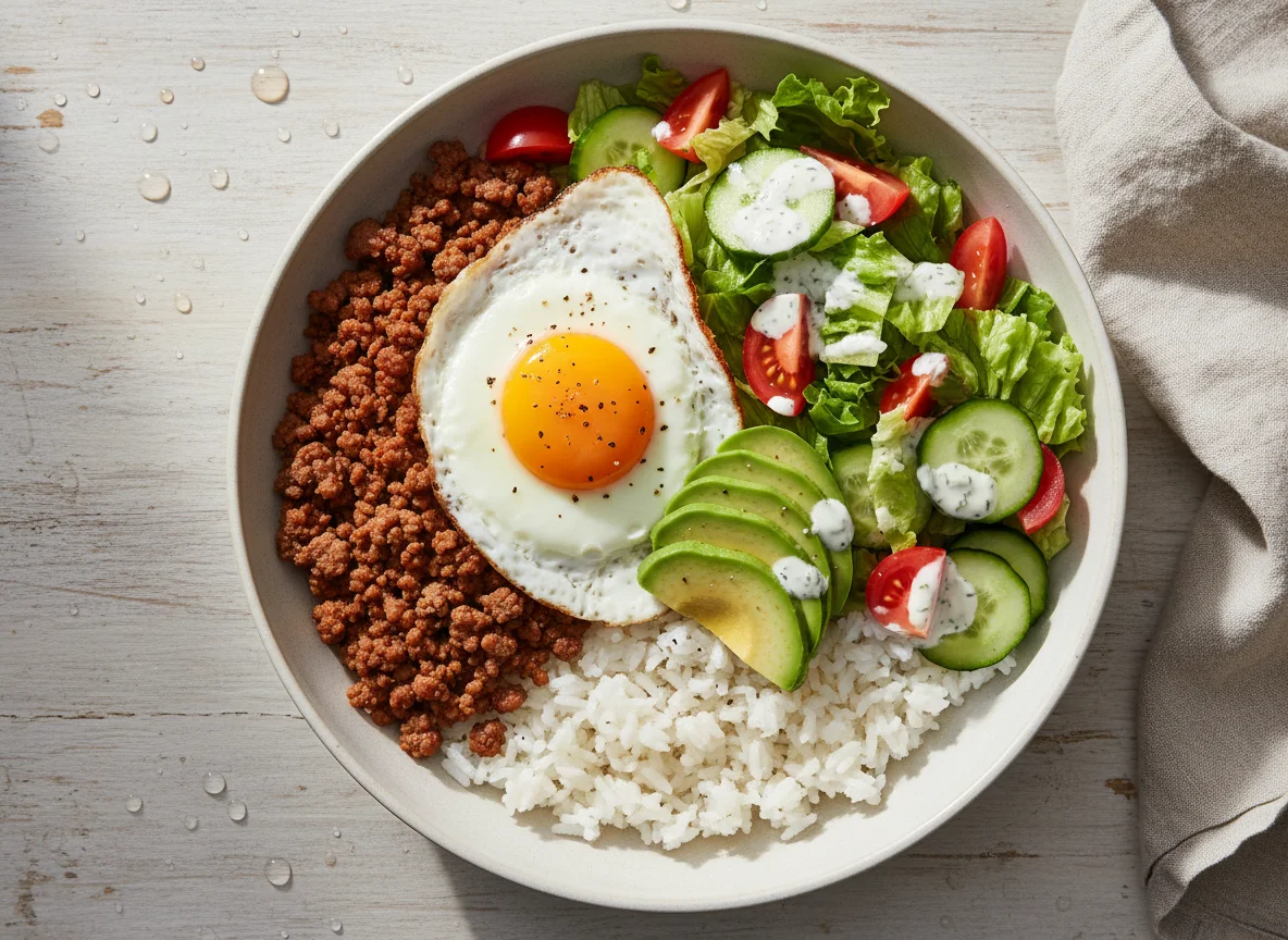 Reis-Bowl mit Hackfleisch, Spiegelei, Avocado und Salat photo