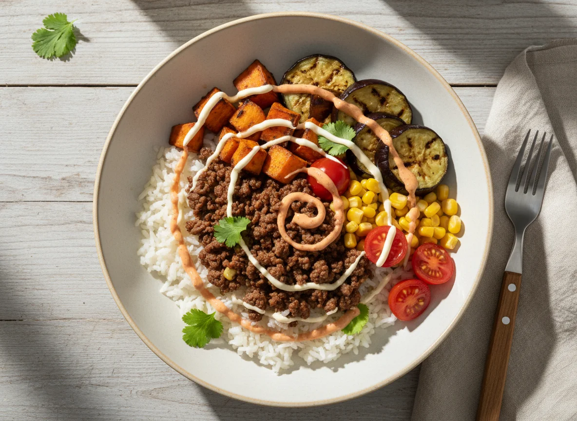 Reis-Bowl mit Hackfleisch und Gemüse photo