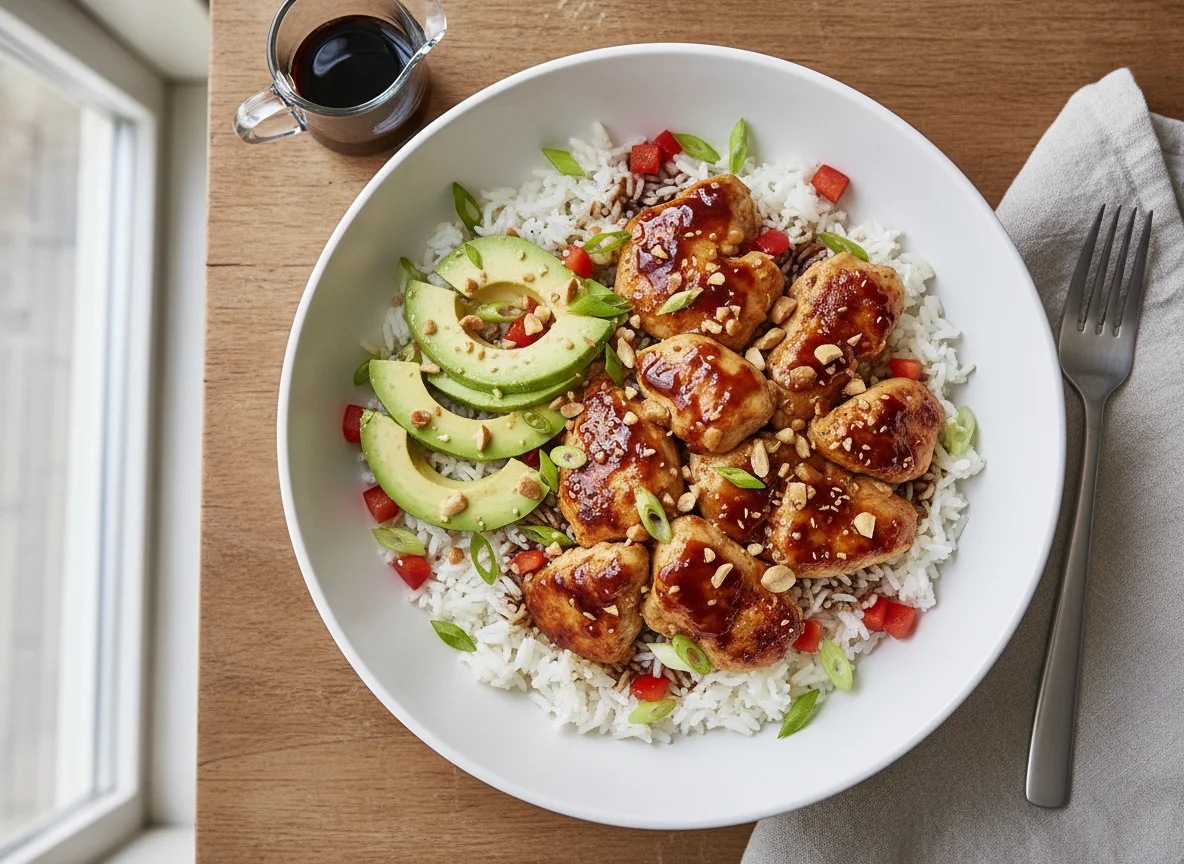 Reis-Bowl mit Hähnchen, Avocado und Erdnüssen photo