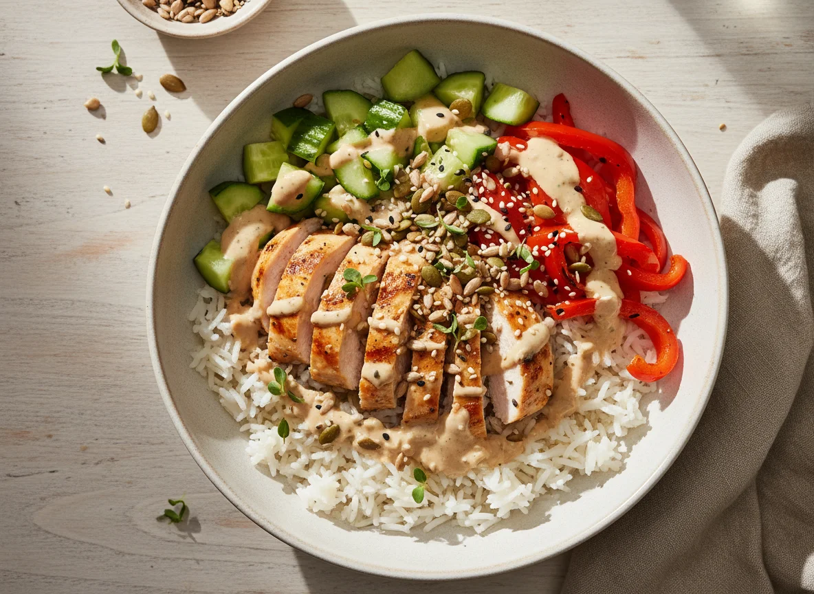 Reis-Bowl mit Hähnchen und Gemüse photo
