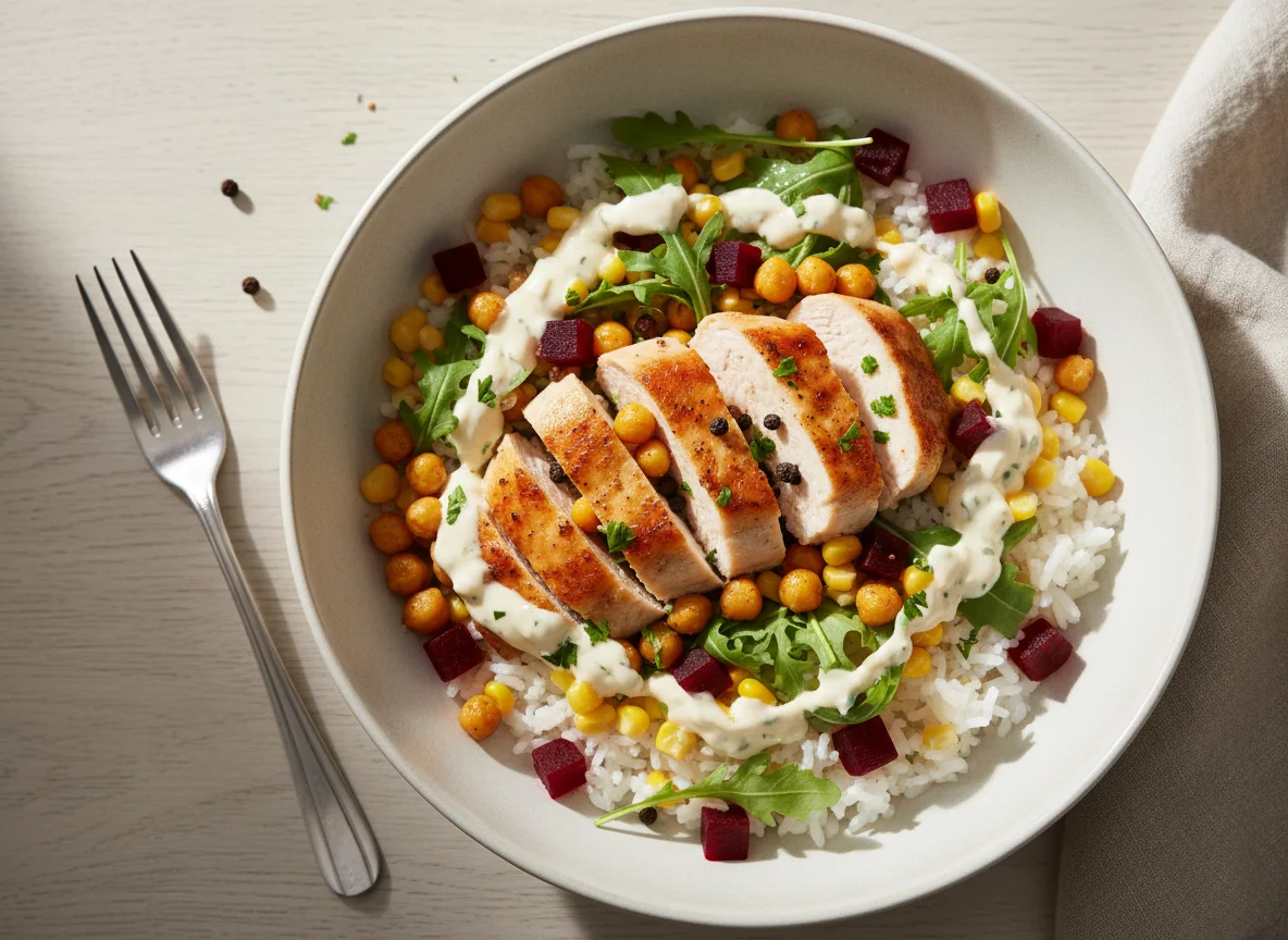 Reis-Bowl mit Hähnchen und Sauce photo