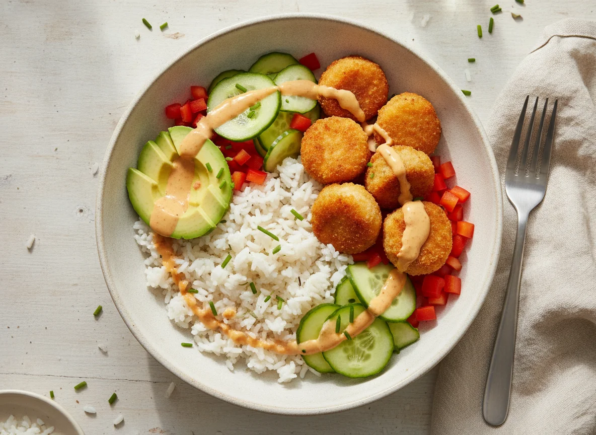 Reis-Bowl mit Hähnchen-Nuggets und Gemüse photo