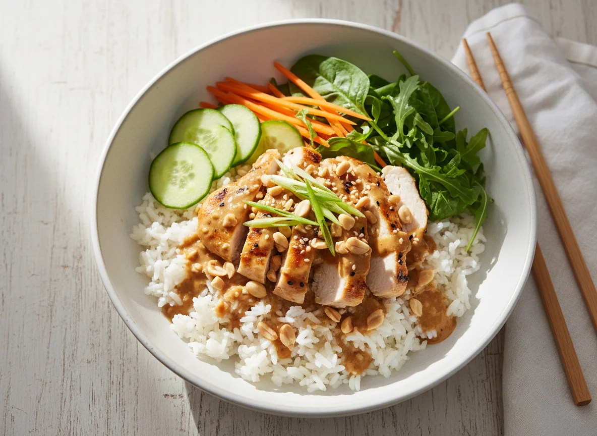 Reis-Bowl mit Huhn und Erdnusssauce photo