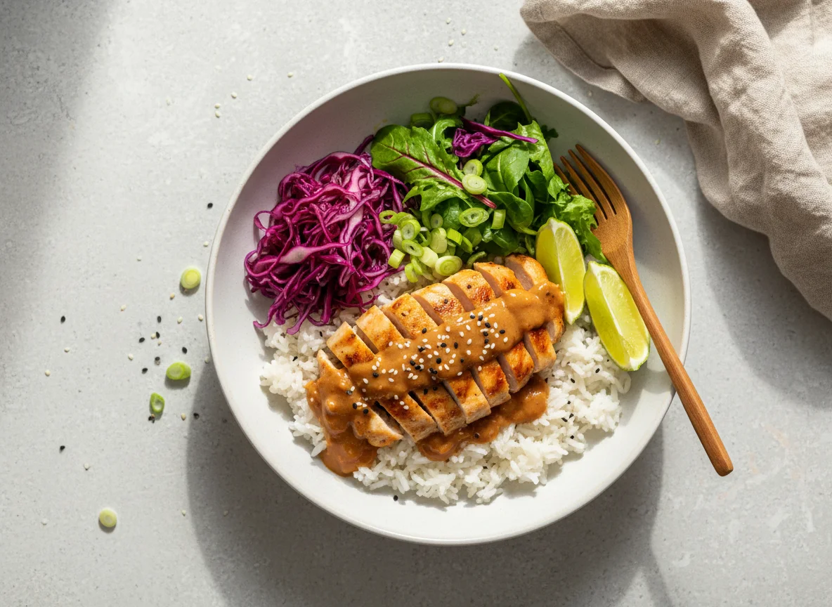 Reisbowl mit Huhn und Erdnusssauce photo