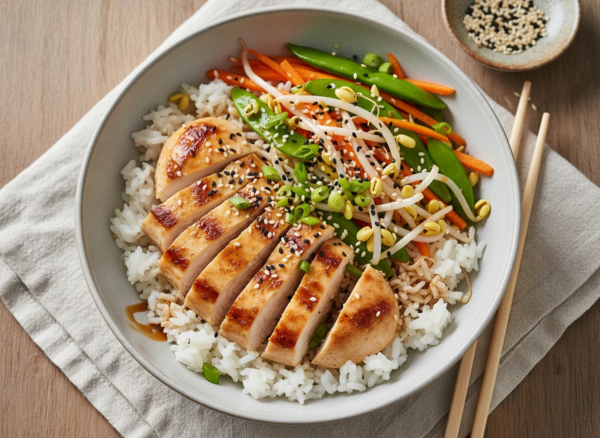 Reis-Bowl mit Huhn und Gemüse photo