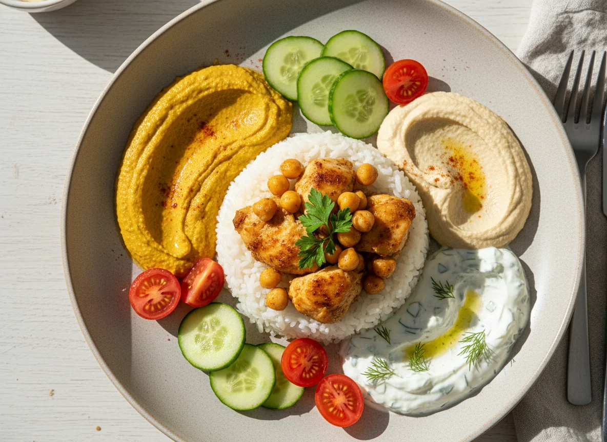 Reis-Bowl mit Kichererbsen und Dips photo