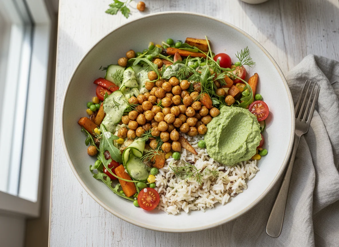 Reis-Bowl mit Kichererbsen und Gemüse photo