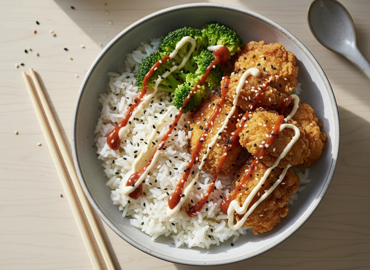 Reis-Bowl mit knusprigem Hähnchen und Brokkoli photo