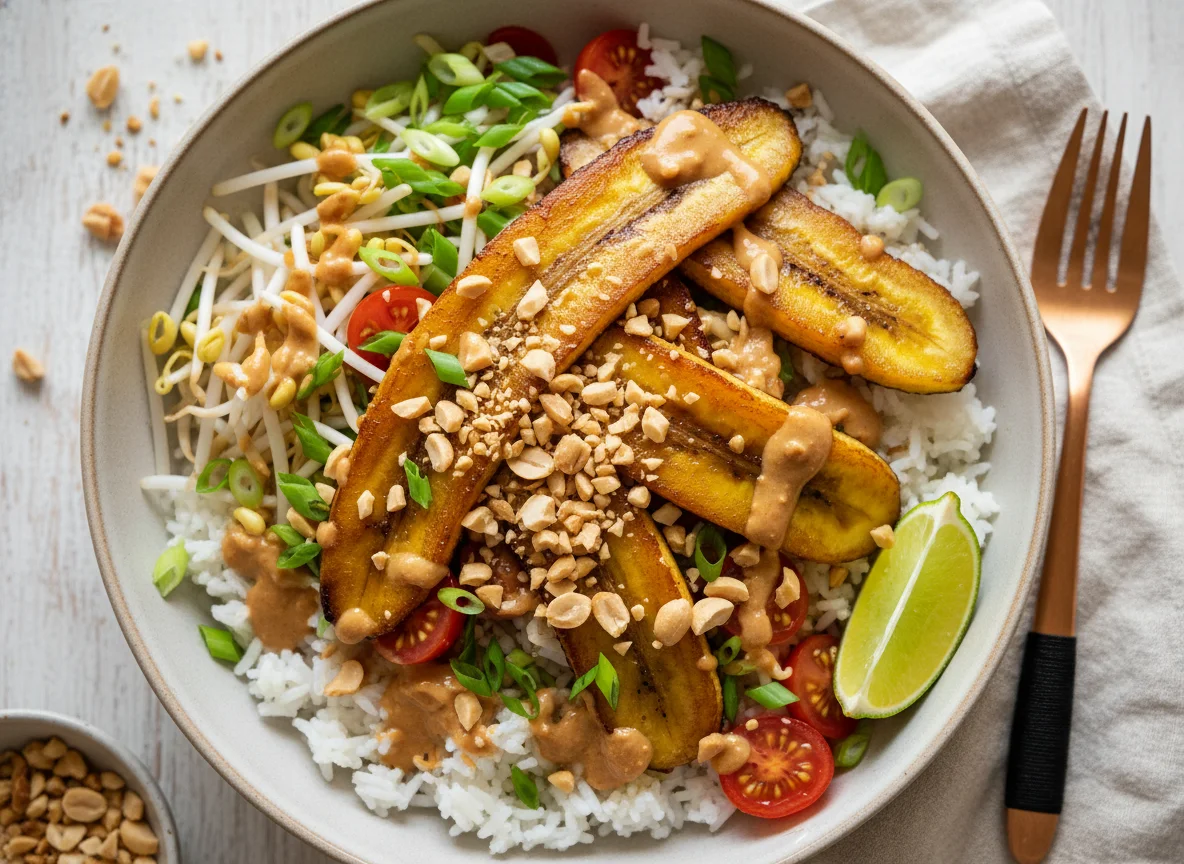 Reis-Bowl mit Kochbananen und Erdnüssen photo
