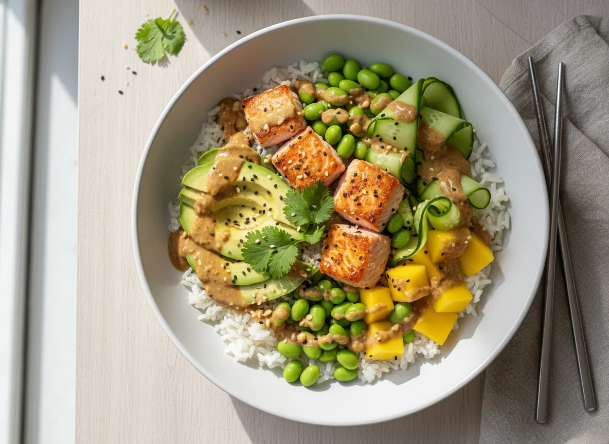 Reis-Bowl mit Lachs, Avocado und Edamame photo