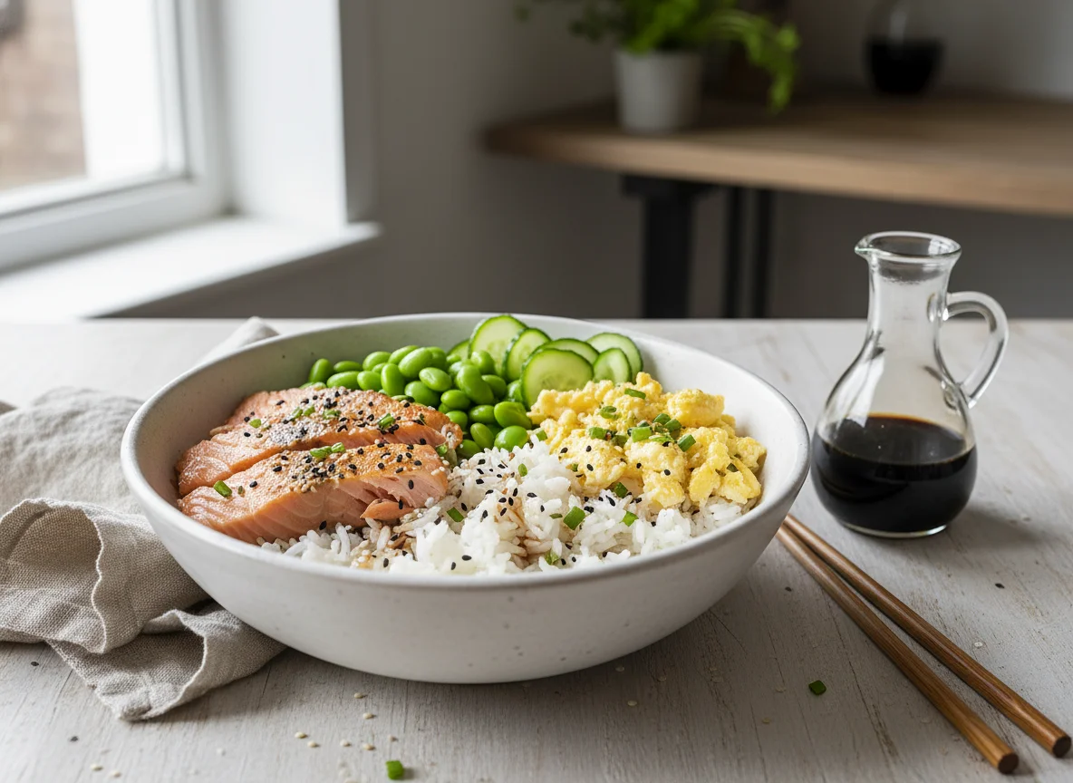Reis-Bowl mit Lachs, Edamame und Gurke photo