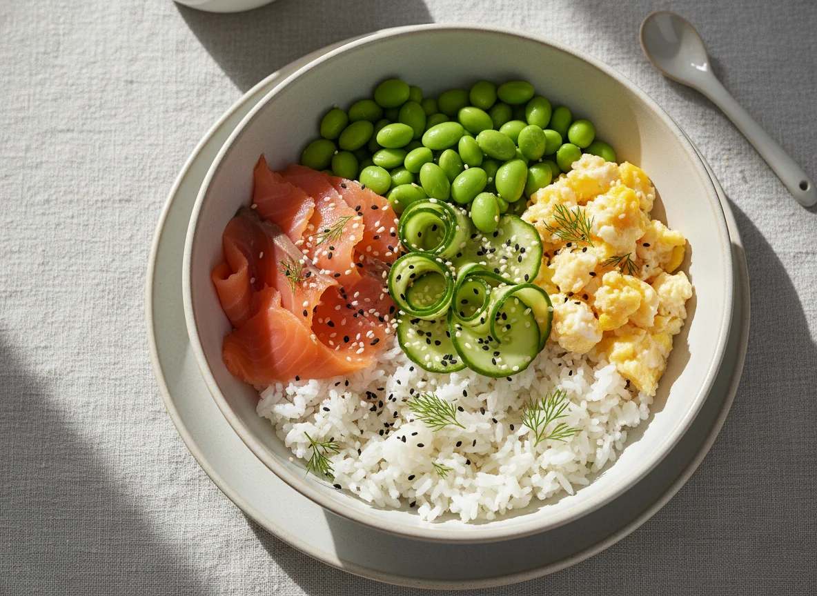 Reis-Bowl mit Lachs und Edamame photo